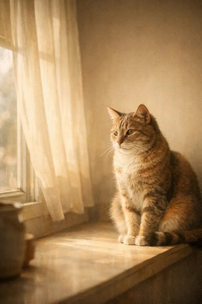 cat, animal, room, window, curtain, reflection, sunlight, house, sunrise, experience, pet, calm, cozy, beauty, silence, portrait, home, lighting, nature, tranquility